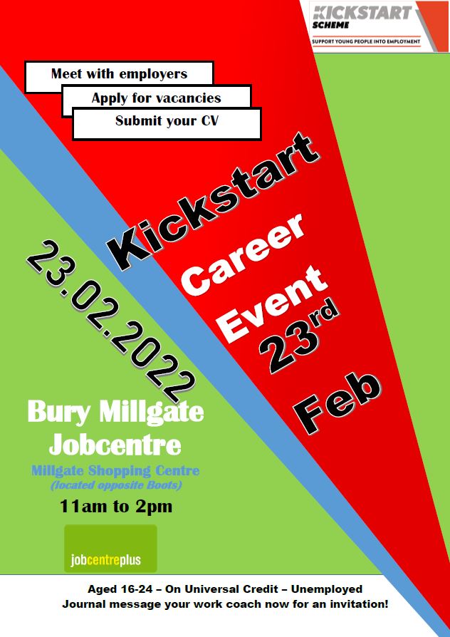 SuccessBury's tweet photo. Come along to the Kickstart Career Event! We'll be there along with a number of employers to help provide support and advice.

📆 Wednesday 23rd February  
⏰ 11am - 2pm
📍 Bury Millgate Jobcentre https://t.co/XBVsU9g0K0