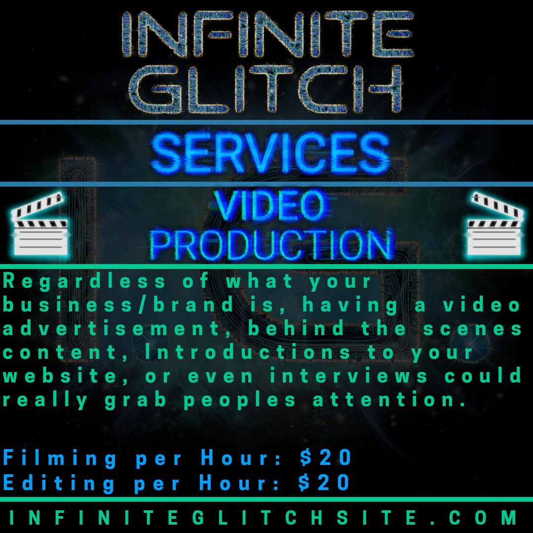 infinite_glitch's tweet photo. Infinite Glitch is now offering it's services in Video Production.  Contact us today if you require our services.

https://t.co/eVpGksncCV 

#infiniteglitch, #services, #infographs, #videoproduction, #editing, #videomarketing, #videoadvertising, #viral, #videocontent, #entertain https://t.co/4gW9wO0gAV