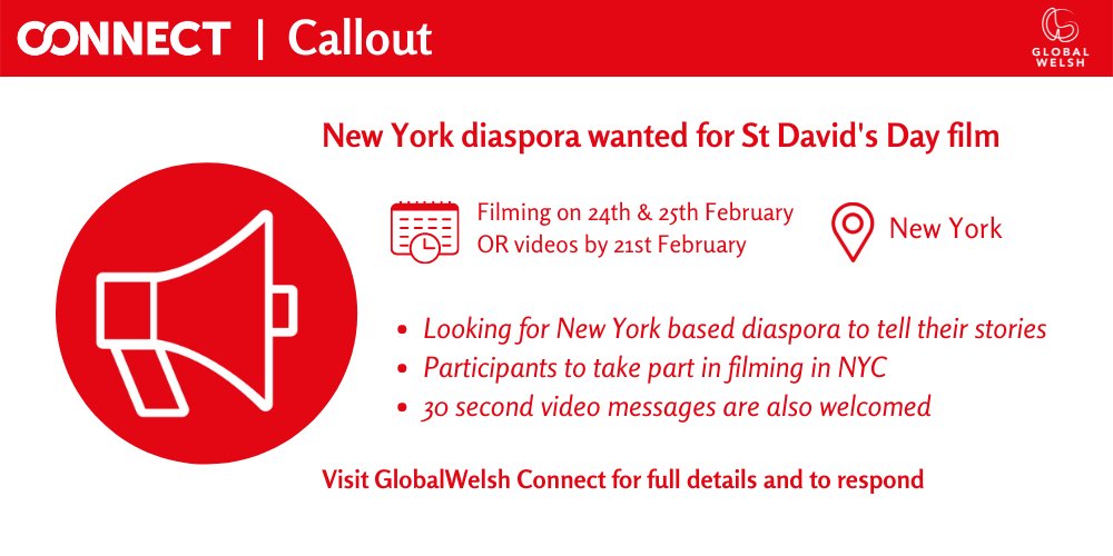 GlobalWelsh's tweet photo. ๐ฃ Callout ๐ฃ
New York based Welsh diaspora wanted to tell their stories as part of a new St David's Day film.
Find out more and respond >> https://t.co/tei2Rdubu9
#WelshinNewYork #WelshDiaspora #StDavidsDay #Welsh #WelshInTheUSA #WelshAmericans https://t.co/Y6kTzli8ij