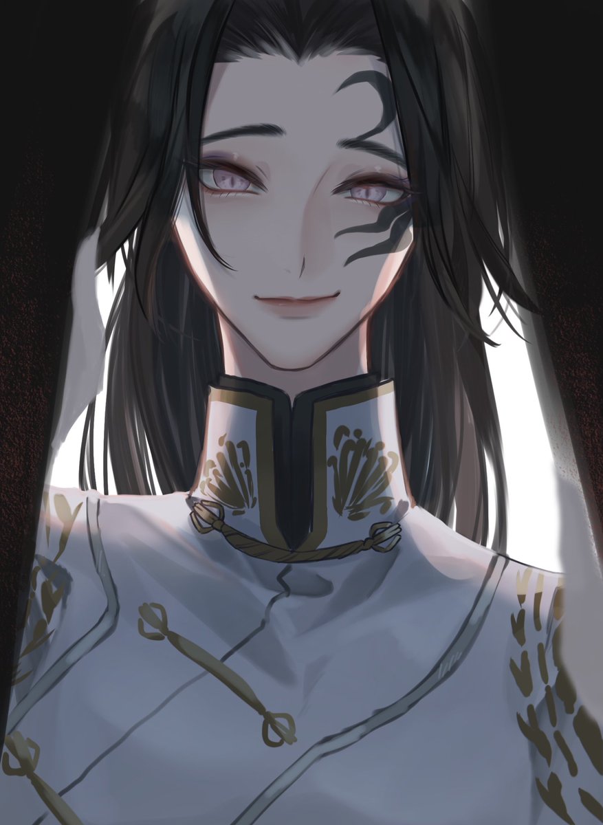 red eyes black hair male focus 1boy solo long hair smile  illustration images