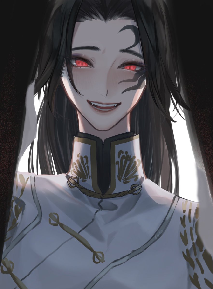 red eyes black hair male focus 1boy solo long hair smile  illustration images