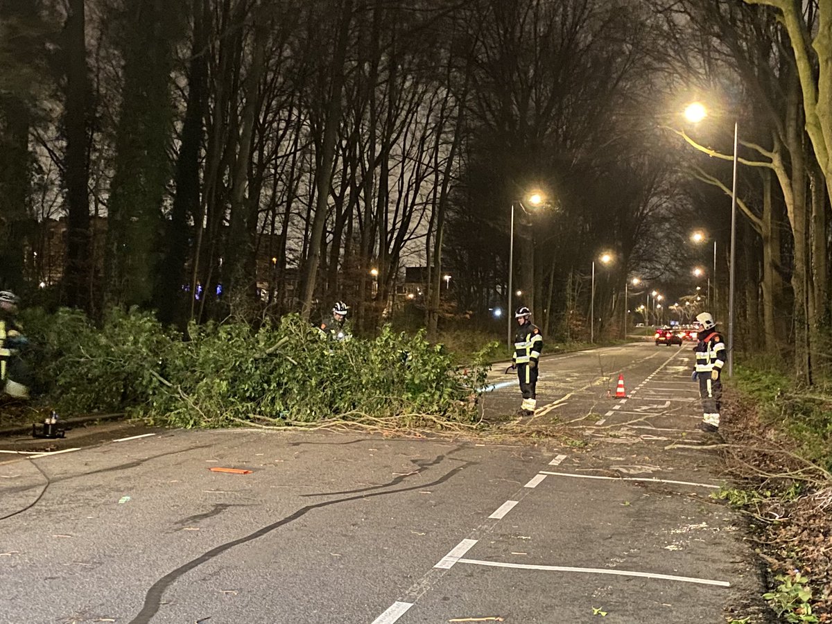 Op de #Venkelweg in #Hoogvliet is de brandweer bezig met het verwijderen van takken die op de weg liggen.