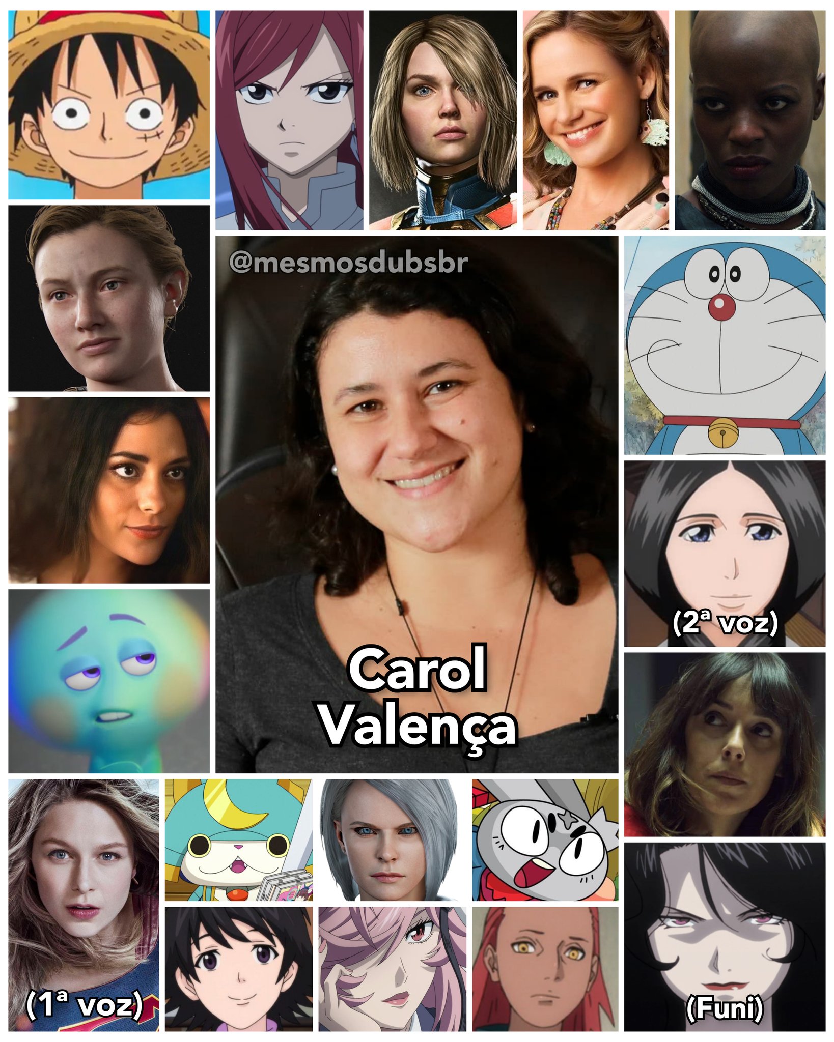 Personagens Com os Mesmos Dubladores! on X: Uma dos destaques recentes  excelentes da dublagem, super versátil! Alguns dos personagens da  maravilhosa Carol Valença! Carol é conhecida por dublar o Luffy em One