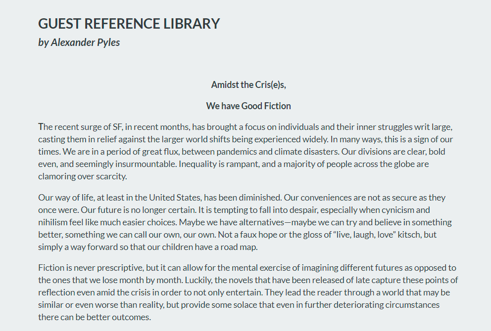 PylesofBooks's tweet photo. I can finally share this with you all, but my guest review column is being published in newest issue of @Analog_SF. A huge milestone for me! 

You can read it in full for a limited time on the site here: https://t.co/LLX6LoSaJC https://t.co/p0OWnhBqPq