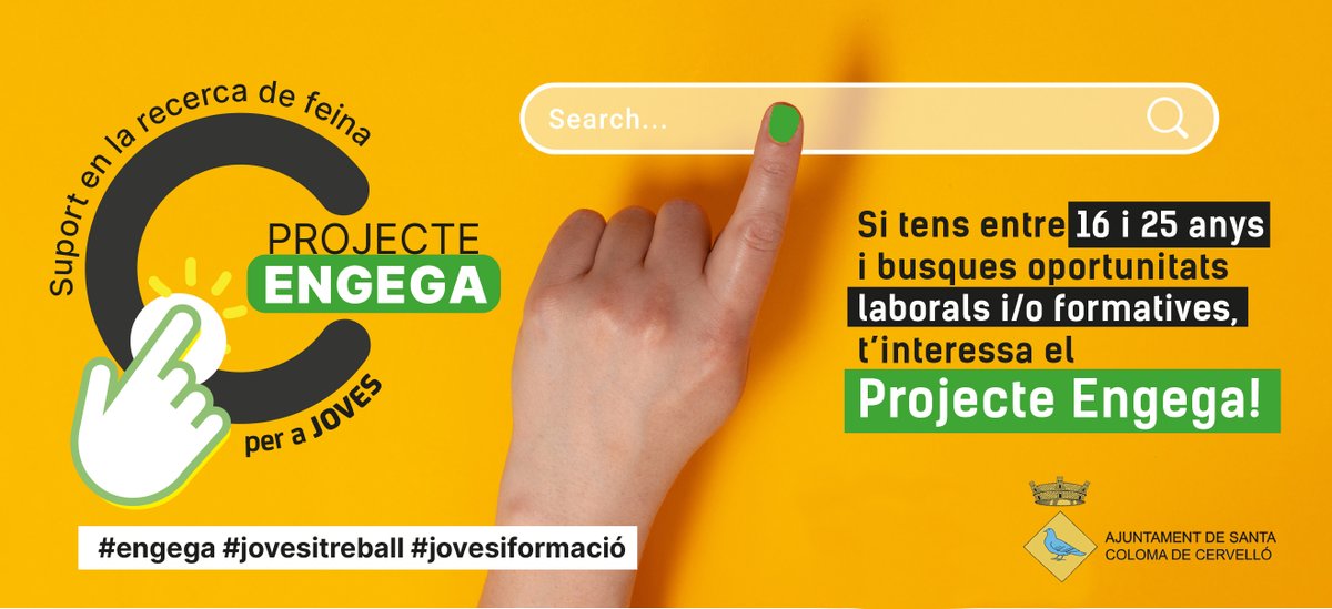 StaColomaC's tweet photo. 📢 Si tens entre 16 i 25 anys i busques oportunitats laborals i/o formatives, t'interessa el Projecte #Engega!
👉🏼 Acompanyament i formació per orientar-te enla teva recerca de feina.
ℹ️ https://t.co/8RpWdSKiFS
#engega #jovesitreball #jovesiformació #santacolomadecervelló https://t.co/B1yHGmwlxJ