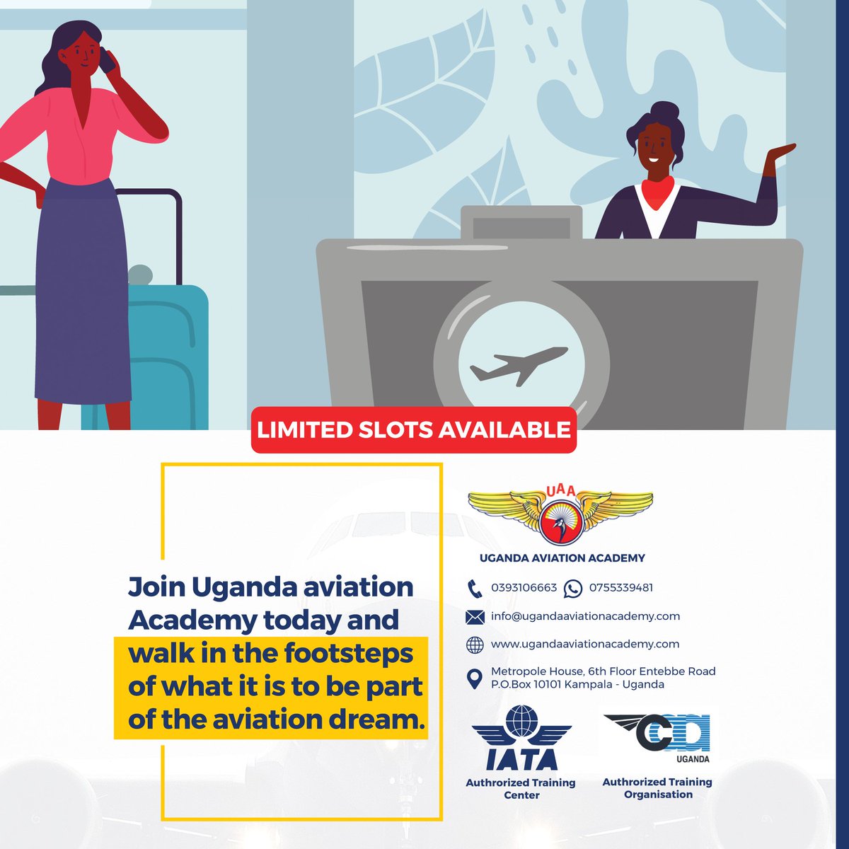 ugaviationsch's tweet photo. Join Uganda aviation Academy today and walk in the footsteps of what it is to be part of the aviation dream.

REGISTER NOW!
Or Whatsapp us on +256 755339481 for assistance. 
#uaa #aviation #applynow #Feb2022intake https://t.co/wbqRR9ijda