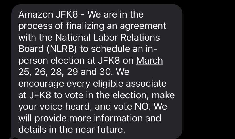 jnmedina8989's tweet photo. @Amazon Management literally sending out texts to straight up tell everyone to vote no in the upcoming @AmazonLabor union election on Staten Island! https://t.co/Zc1ZiEvDZ0