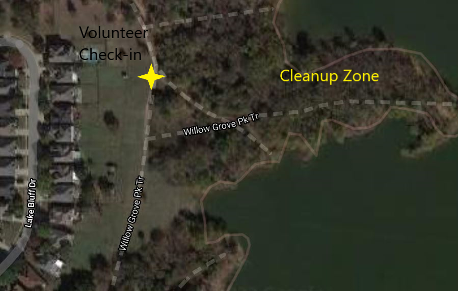 CityLakeDallas's tweet photo. KLDB volunteers and staff will host a Willow Grove Park Trail cleanup this Friday from 1-4PM, and all residents are welcome! Join us at the volunteer check-in booth anytime Friday afternoon. See the map below for our exact location for this cleanup event. 
#kldb https://t.co/Tj7gTbzhHk