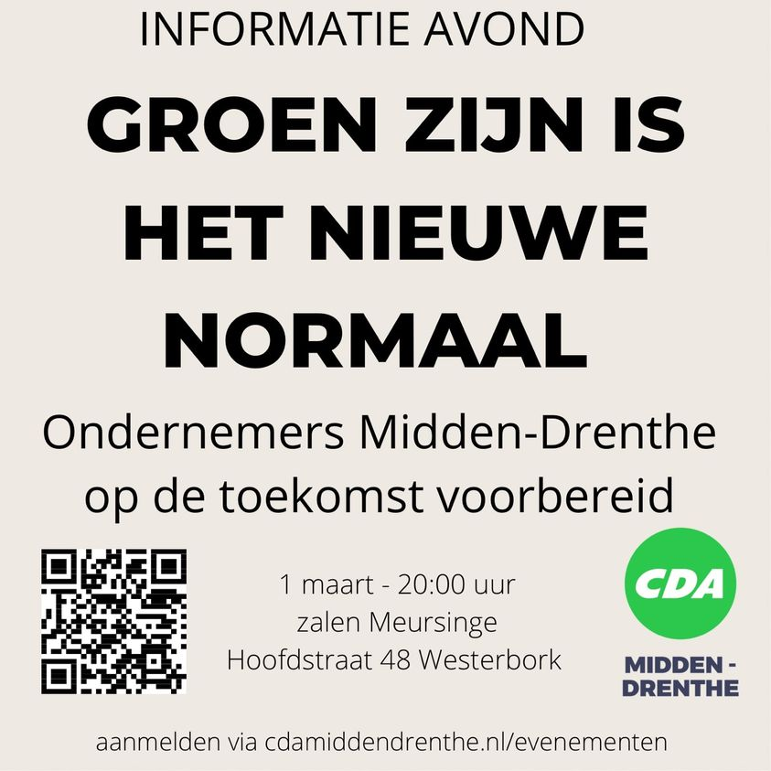 CDAMidDrenthe's tweet photo. Informatieavond - Groen zijn is het nieuwe normaal! https://t.co/bnvEeFe9sT https://t.co/RK3S2IvfXO