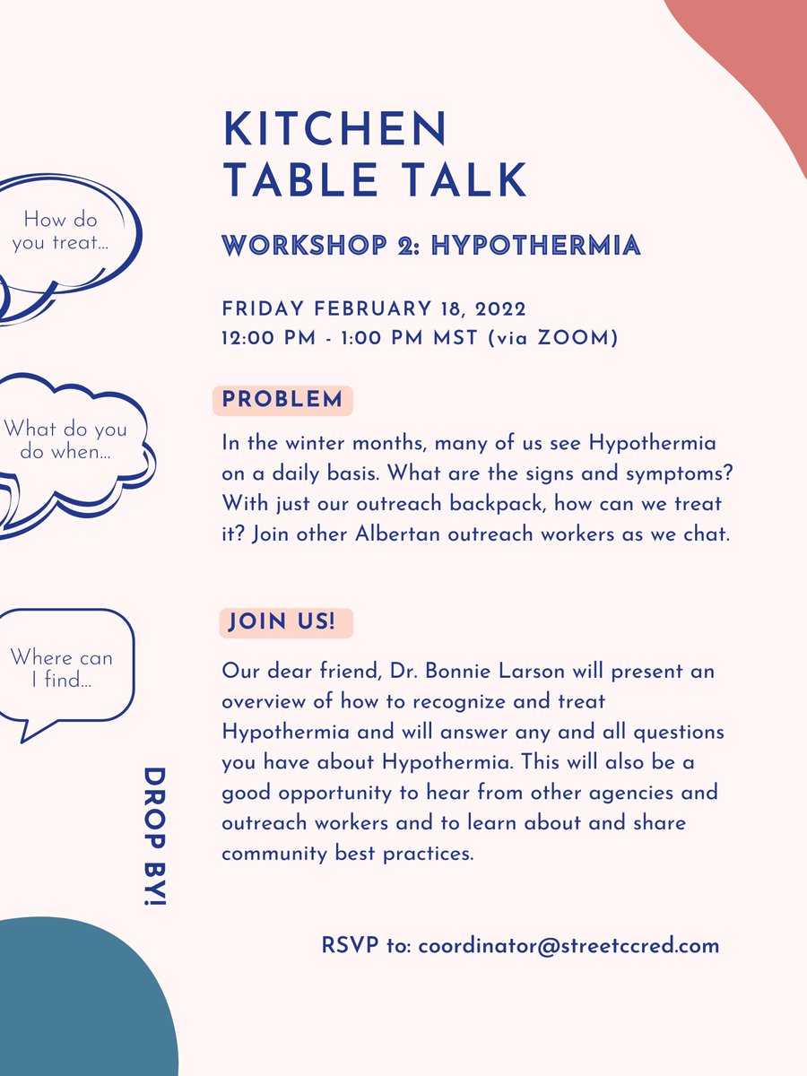 Welp, that warm weather couldn't last. As the temp dips, we'll see more cold injuries on the streets. <a href="/BonnieraeLarson/">Bonnie Larson</a> is hosting a lunch workshop on Fri Feb 18 to help you identify, prevent, &amp; treat hypothermia. This is workshop 2 in a series of upcoming. RSVP to the email below