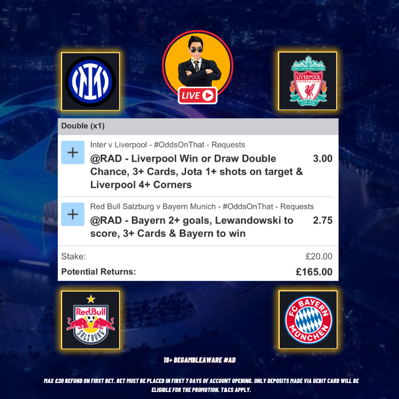 BennyBoyTips's tweet photo. 🚨#UCL DOUBLE IS LIVE!

Add it to your bet-slip here👇
https://t.co/ciTjvFXthT

Sign up here: https://t.co/7melohaxIv &amp; place £20 on this bet &amp; these will be your outcomes:

✅ Win = Win £165.00 in cash
🔁 Lose = Get a £20.00 refund in cash

18+ BeGambleAware AD https://t.co/3h46Q6UVfi