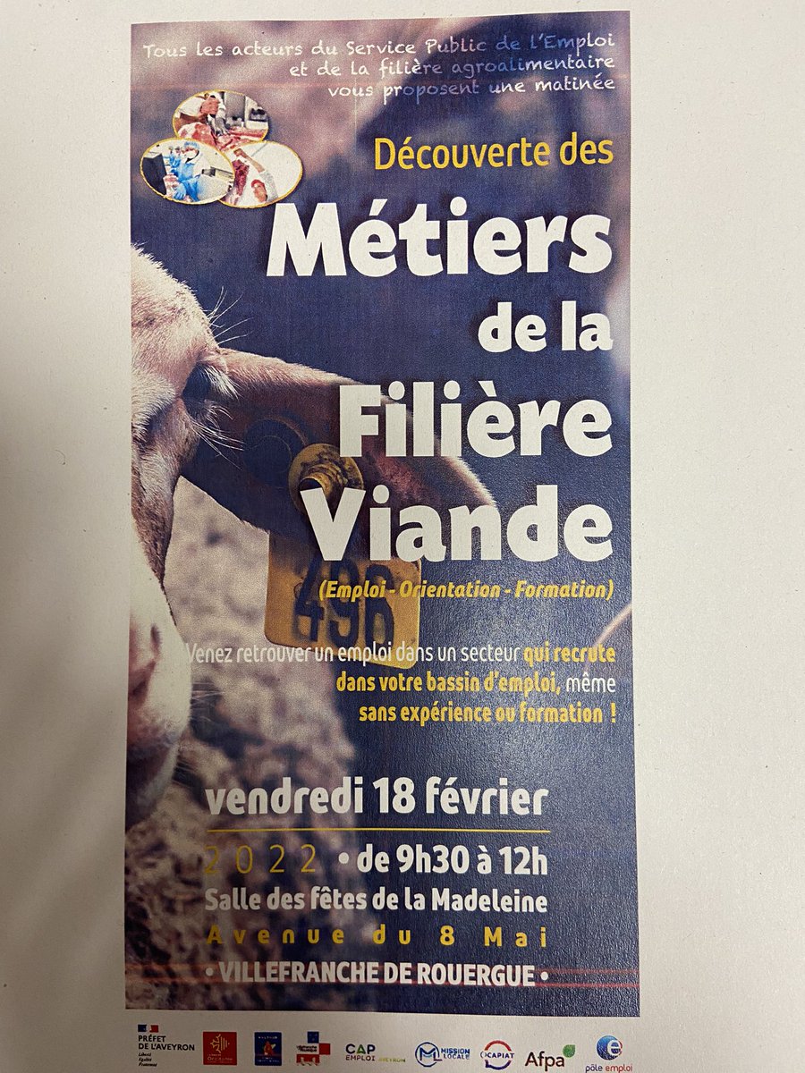 La filière #viande recrute. Venez découvrir ses métiers et saisir les opportunités #emplois et #formations. Rendez-vous le 18 février avec #poleemploi #villefranchederouergue et ses partenaires.