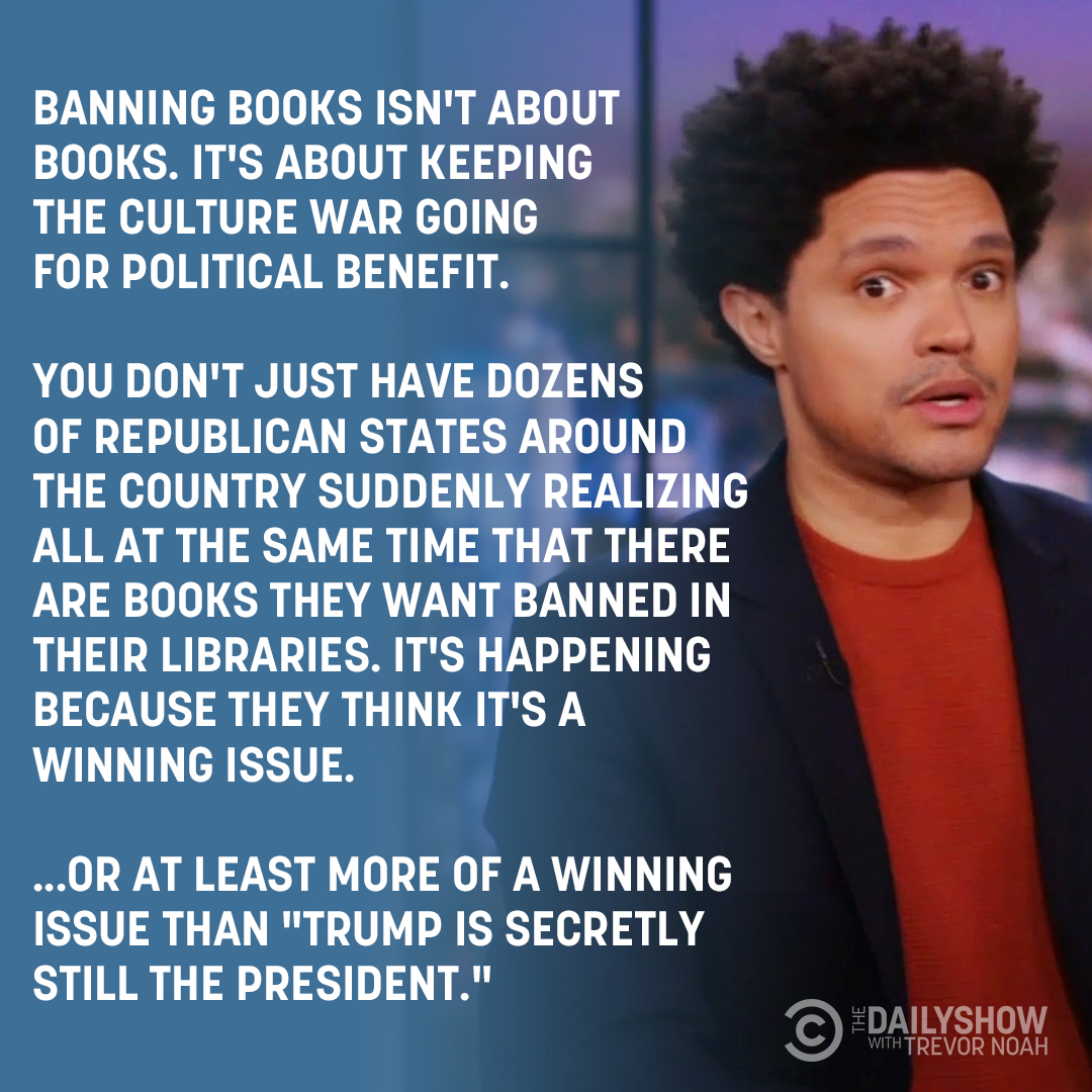 TheDailyShow's tweet photo. What’s really at the core of all these book bans? More here: https://t.co/5IuvgEXJAU https://t.co/i9XhrTvcWZ
