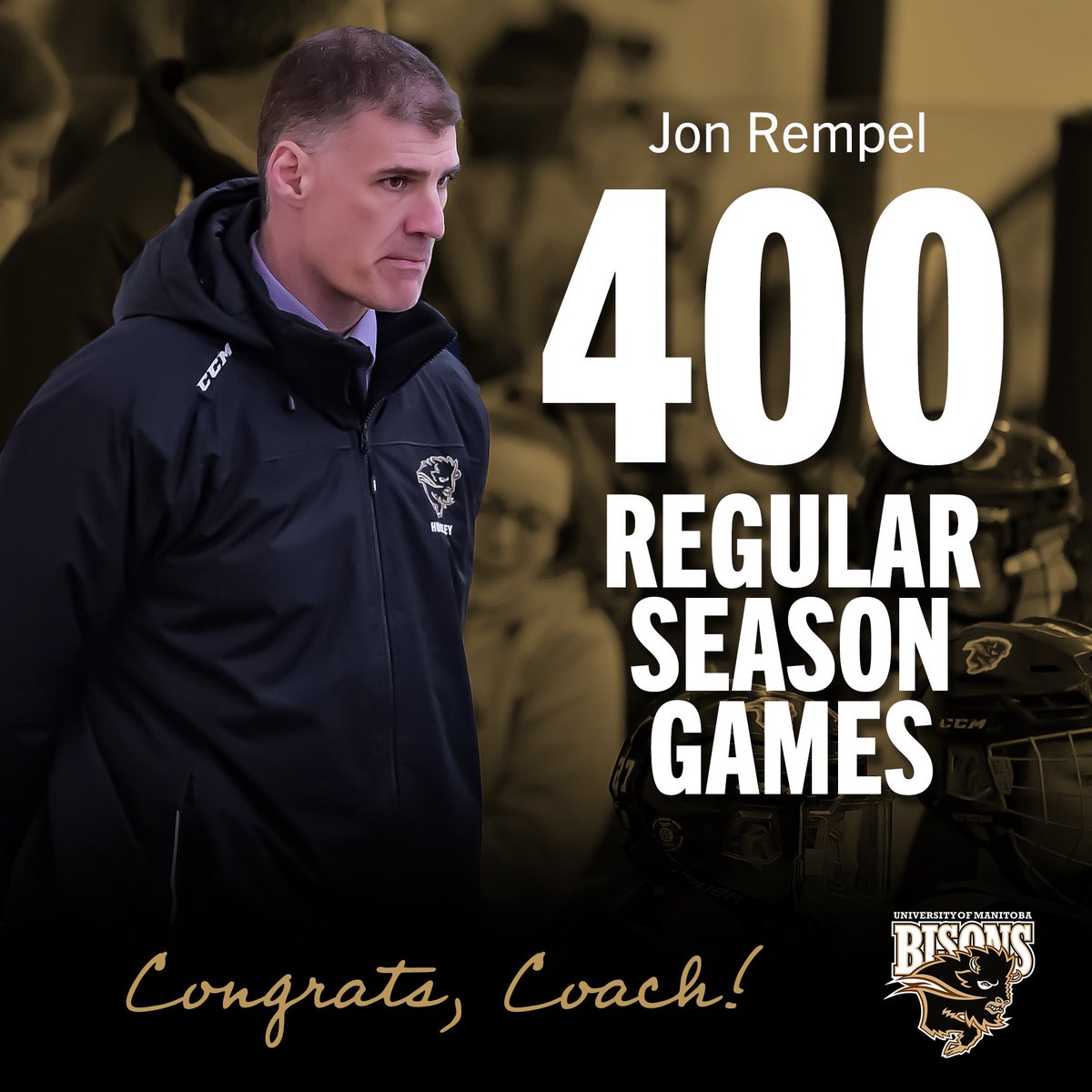 Congrats to <a href="/bisonswhky/">UM Bisons Women's Hockey</a> head coach Jon Rempel for coaching game 4️⃣0️⃣0️⃣ in <a href="/CanadaWest/">Canada West</a> this past weekend!

Rempel has 237 wins across 16 seasons as head coach of the women's hockey program.

#WeAreAllBisons #uManitoba
