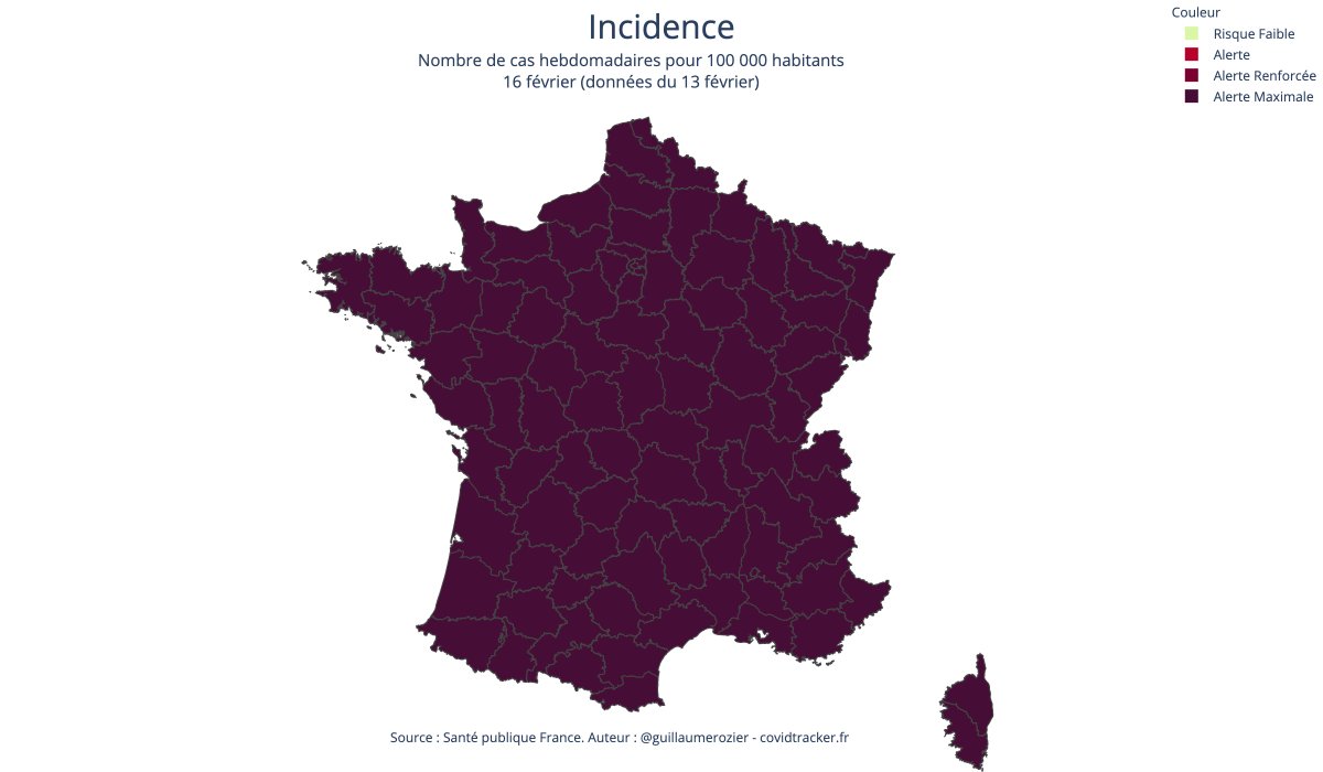 CovidTracker_fr's tweet photo. 🔴 103 départements (métropole + DOM-TOM) devraient être classés rouge, car ils dépassent le niveau d'alerte de 50 cas pour 100 000 habitants en 7 jours (données du 13/02)
➡️ Plus d'infos : https://t.co/h3BcdLbcND https://t.co/UKE8POTLTk