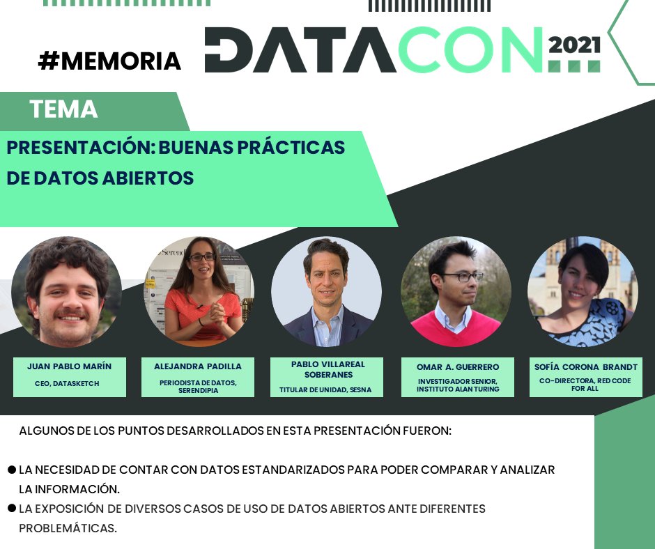 DataConMX's tweet photo. 📌Continuamos difundiendo la memoria de la #DATACON2021. Esta semana recordaremos la presentación: Buenas prácticas de datos abiertos. 💡Puedes visitar la relatoría 📝 en https://t.co/effPTFVMki y el video 📺 en https://t.co/kjrUgVf2mb.
No olvides compartir.✅ https://t.co/JTXV0kl3f6