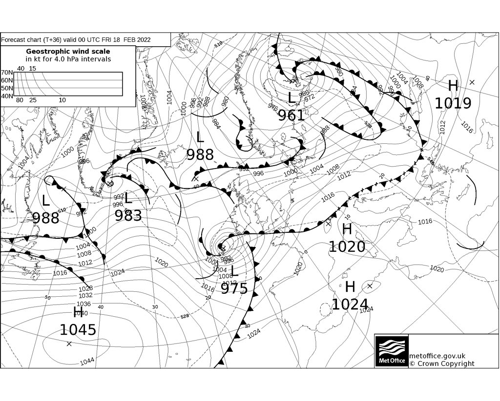 CarlowWeather's tweet photo. #StormEunice is forecast to go from 1004hPa at midday tomorrow to 975hPa at midnight tomorrow night. A drop of 29hPa in 12 hours! That is over twice the criteria for a weather bomb. 

In other words she will come out of nowhere and hit hard. https://t.co/IGi0pKL1t3
