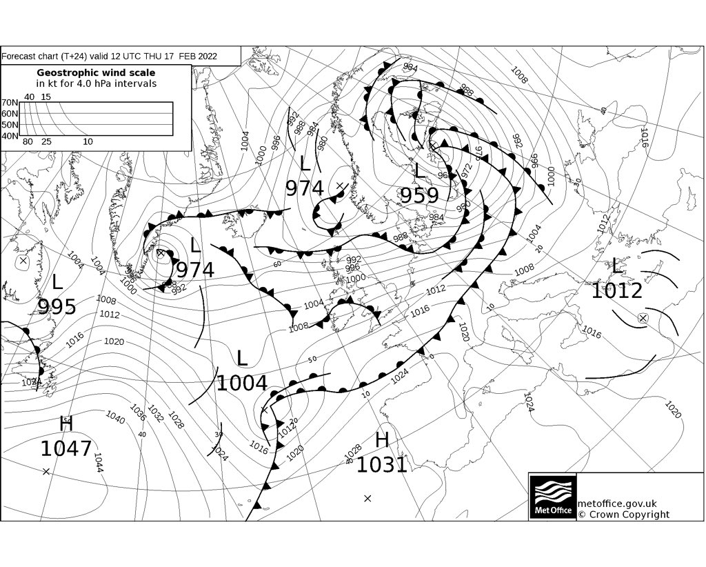 CarlowWeather's tweet photo. #StormEunice is forecast to go from 1004hPa at midday tomorrow to 975hPa at midnight tomorrow night. A drop of 29hPa in 12 hours! That is over twice the criteria for a weather bomb. 

In other words she will come out of nowhere and hit hard. https://t.co/IGi0pKL1t3