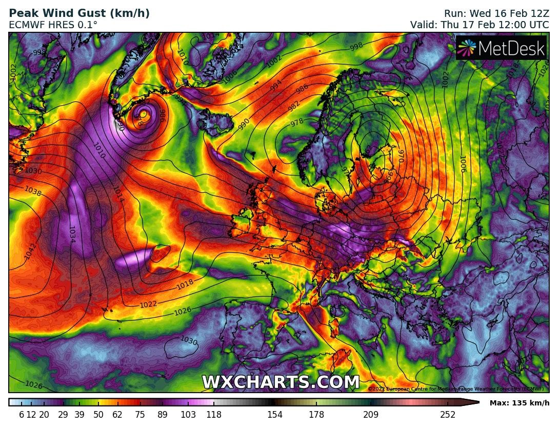 CarlowWeather's tweet photo. #StormEunice is forecast to go from 1004hPa at midday tomorrow to 975hPa at midnight tomorrow night. A drop of 29hPa in 12 hours! That is over twice the criteria for a weather bomb. 

In other words she will come out of nowhere and hit hard. https://t.co/IGi0pKL1t3