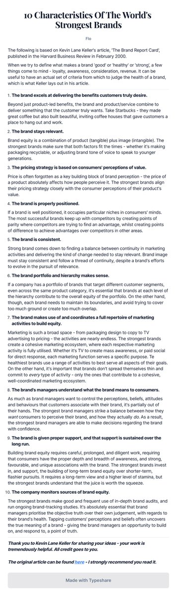 floschirmer's tweet photo. What makes a brand healthy? What traits do the strongest brands have in common?

In today's essay, I dive into Kevin Lane Keller's Brand Report Card framework. https://t.co/hm7MVf9GKi