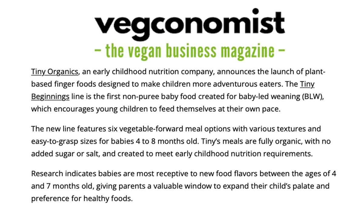 Tiny_Organics's tweet image. Thank you @vegconomist for sharing our exciting news for the littlest eaters! 🥦 #tinybeginnings