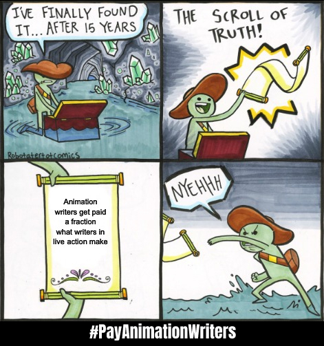 TAGwriters's tweet photo. Equal pay for equal scrolls. #PayAnimationWriters #NewDeal4Animation https://t.co/hKqPESzYie