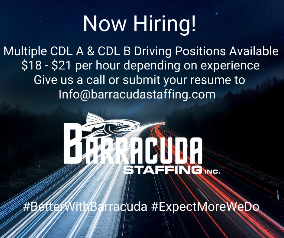 We are currently staffing for multiple CDL A and CDL B Drivers. Give us a call or send us your resume to Info@barracudastaffing.com. We look forward to working with you! 

#BetterwithBarracuda