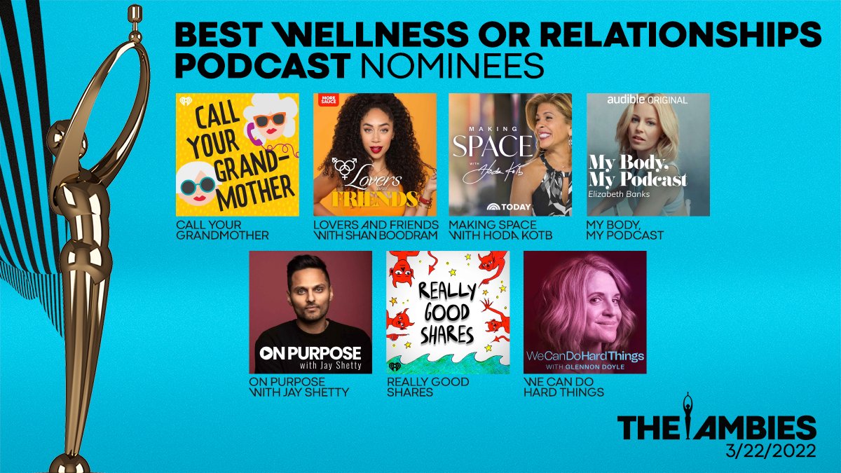 We are thrilled to announce the nominees for Best Wellness or Relationships Podcast! 

#ambies #podcast #awards <a href="/ElizabethBanks/">Elizabeth Banks ❄️</a> <a href="/audible_com/">Audible</a> <a href="/GlennonDoyle/">Glennon Doyle</a> @Cadence13_ <a href="/hodakotb/">Hoda Kotb</a> <a href="/NBCNews/">NBC News</a> <a href="/iHeartRadio/">iHeartRadio</a> <a href="/thesmallbow/">thesmallbow</a> <a href="/jayshetty/">Jay Shetty</a> @shanboody <a href="/moresaucepods/">More Sauce</a> <a href="/Stitcher/">SiriusXM Podcasts</a>