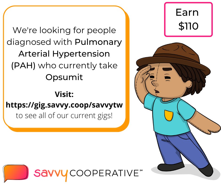 savvy_coop's tweet photo. We're still looking for people dx'd with #PulmonaryArterialHypertension #PAH who take #Opsumit.
1 hour interview (from home) pays $110 for those that qualify! Not you but someone you know? Share the link and you'll earn $100 for each selected patient. https://t.co/bPMrnQh9kg https://t.co/X5mUgEXPVl