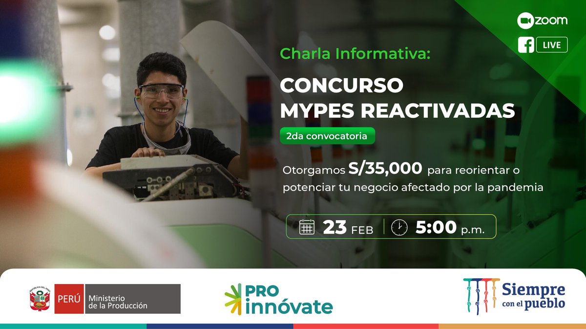 Si tienes una mype con caída en ventas entre 2020-2021, te contamos cómo acceder a un fondo para implementar las mejoras que requiere tu negocio para acelerar su reactivación. 📈

Inscríbete: 👉bit.ly/CharlaMYPES

Postula desde 21FEB - 22MAR: 
🌐https//pee.proinnovate.gob.pe