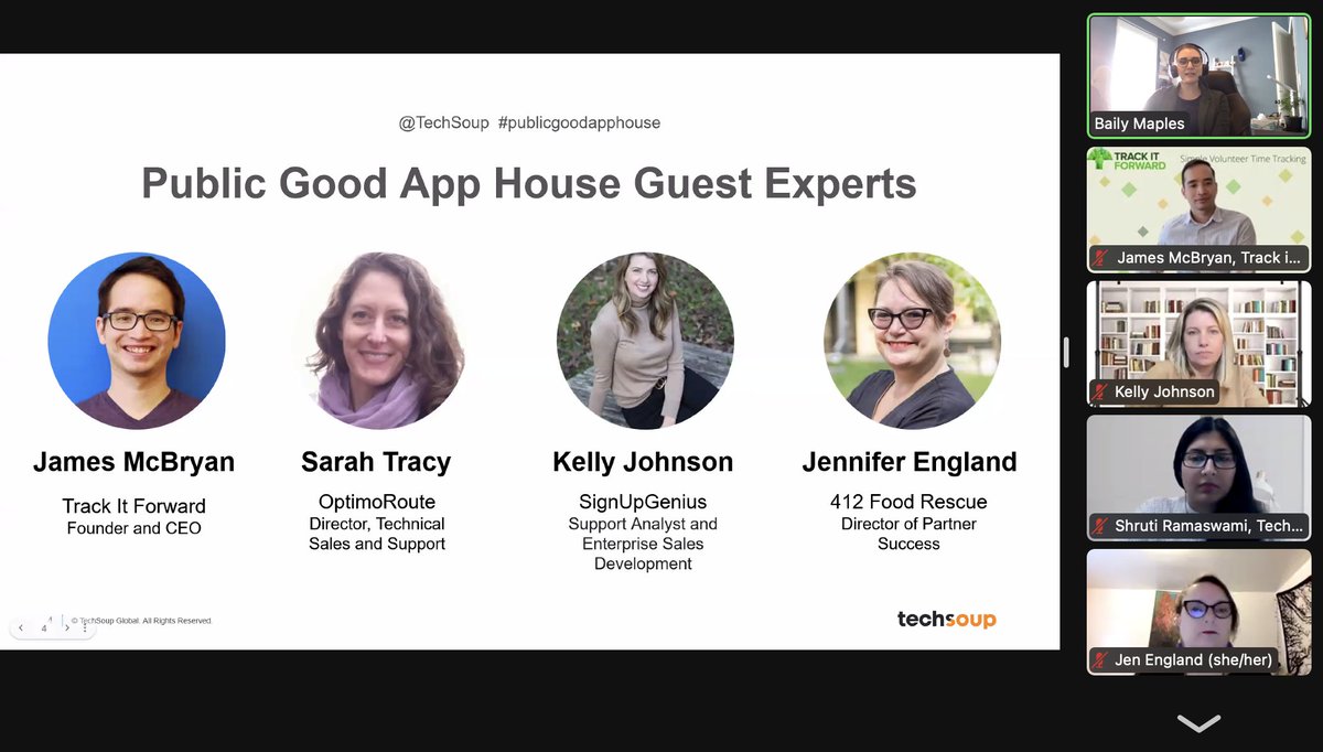 TechSoup's tweet photo. We are excited to have these inspiring speakers from @FoodRescueHero, @OptimoRoute, @SignUpGenius, and @TrackItForward, give #AppDemos to our community today. 

#PublicGoodAppHouse #VolunteerManagement #FoodTech https://t.co/oQCHO1asHG
