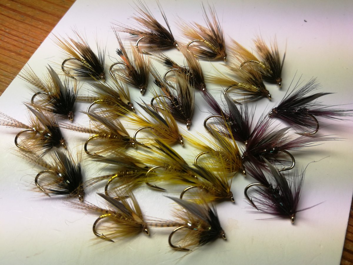 Two dozen assorted wet olives the man said. All size 12s. A wee heads up for you. <a href="/DensonRob/">Rob Denson</a> blood black claret seal's fur, used here, is the best dark claret I've seen for years. Like Back in the old days, pester him before it all goes.