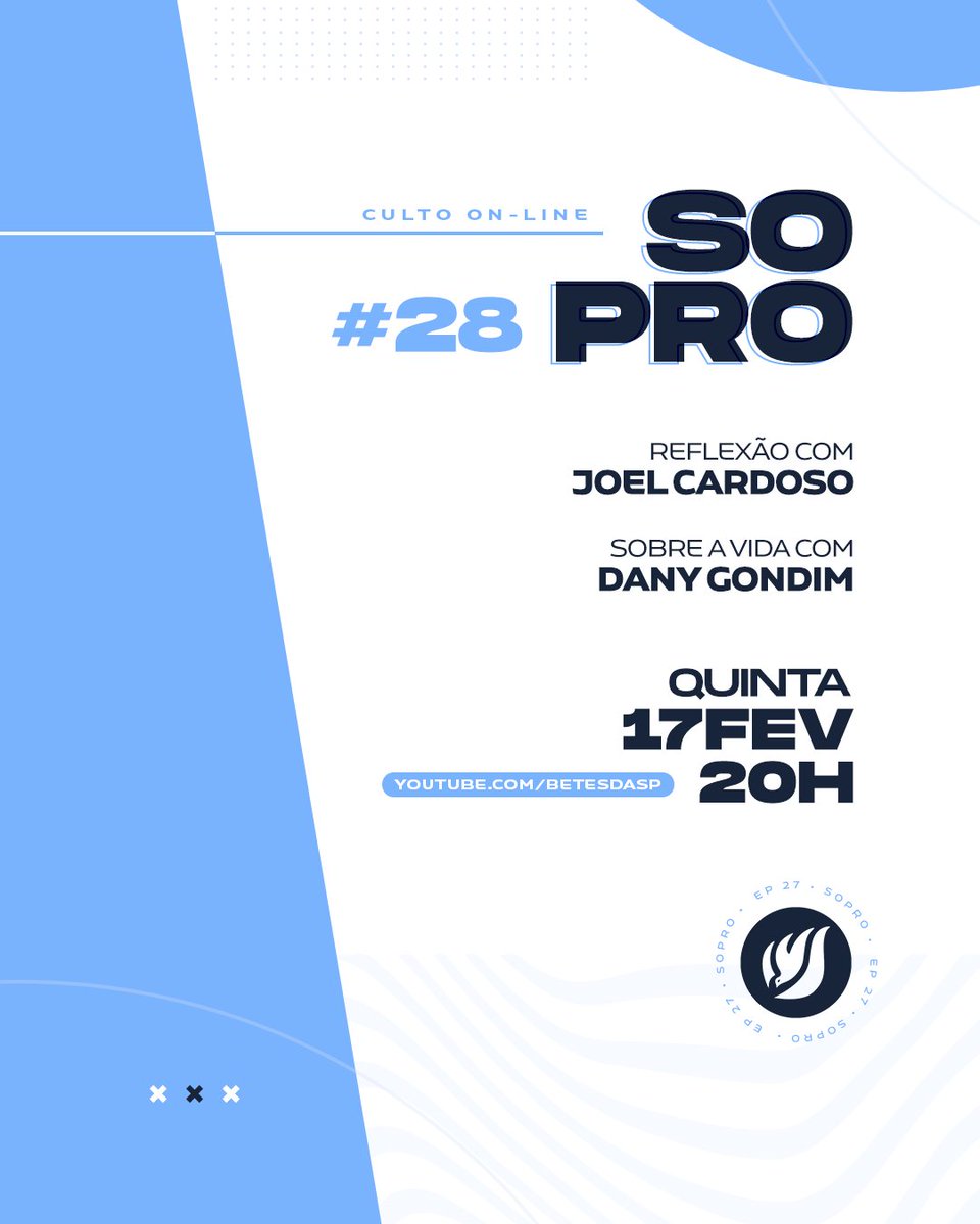 Quinta, 17 de fevereiro às 20h, acontece o Sopro #28. Essa semana vamos conhecer a história da Dany Gondim, ela e o Fernandinho CS formam dupla no Comunhão Suprema. 

📺 youtube.com/betesdasp
🔔 Ative as notificações