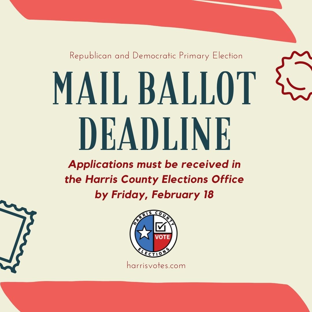 HarrisVotes's tweet image. 🚨 DEADLINE ALERT 🚨 
Remember that Friday is the last day for #HarrisCounty Voters to request a mail ballot for the #MarchPrimary. 
🖨️ Print out a copy of the application: bit.ly/3oRmUM9
#YourVoteYourVoice #MailBallot #HarrisVotes
