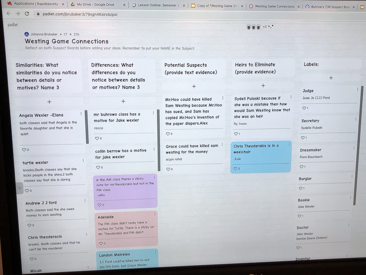 MrsBrubaker's tweet photo. Then came @misdgt ELAR novel study. After a figurative language battle, Ss collaborated to evaluate character details, followed by suspect analysis comparisons. Using both class suspect boards Ss compared, shared ideas, &amp; votes via @padlet #webbstudentdiscourse @webbcubs #webblc https://t.co/gxZkRY3KHJ