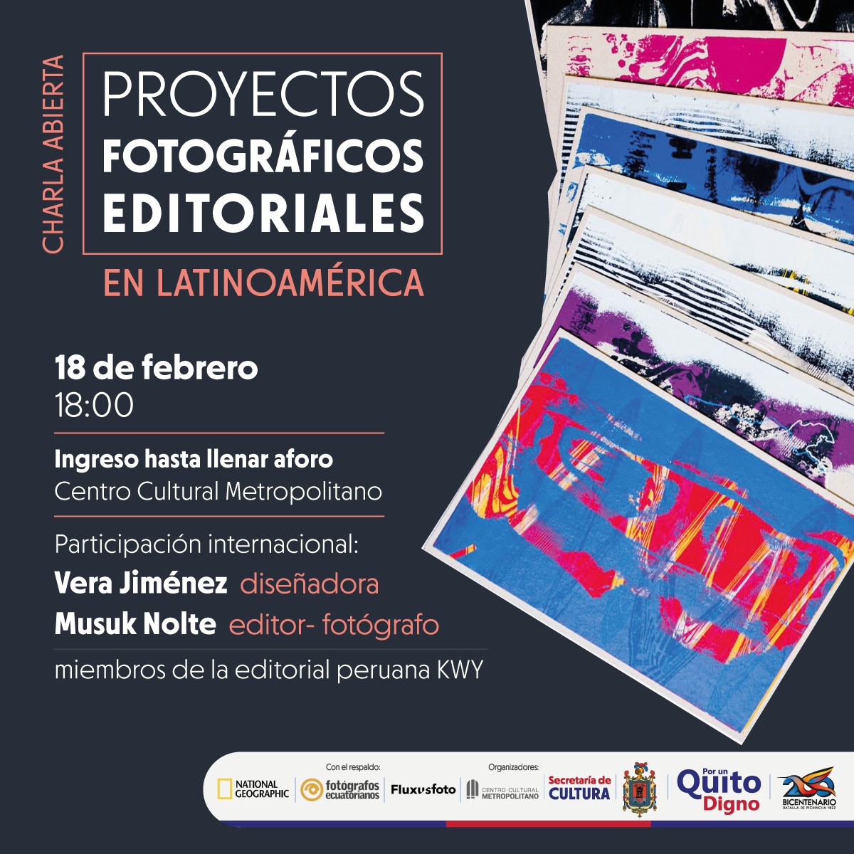Les invitamos este viernes 18 de febrero a esta charla sobre PROYECTOS FOTOGRÁFICOS EDITORIALES. 
Centro Cultural Metropolitano de Quito / 18hs
<a href="/fotografosecu/">Aso. Fotógrafos Ecuatorianos</a>
