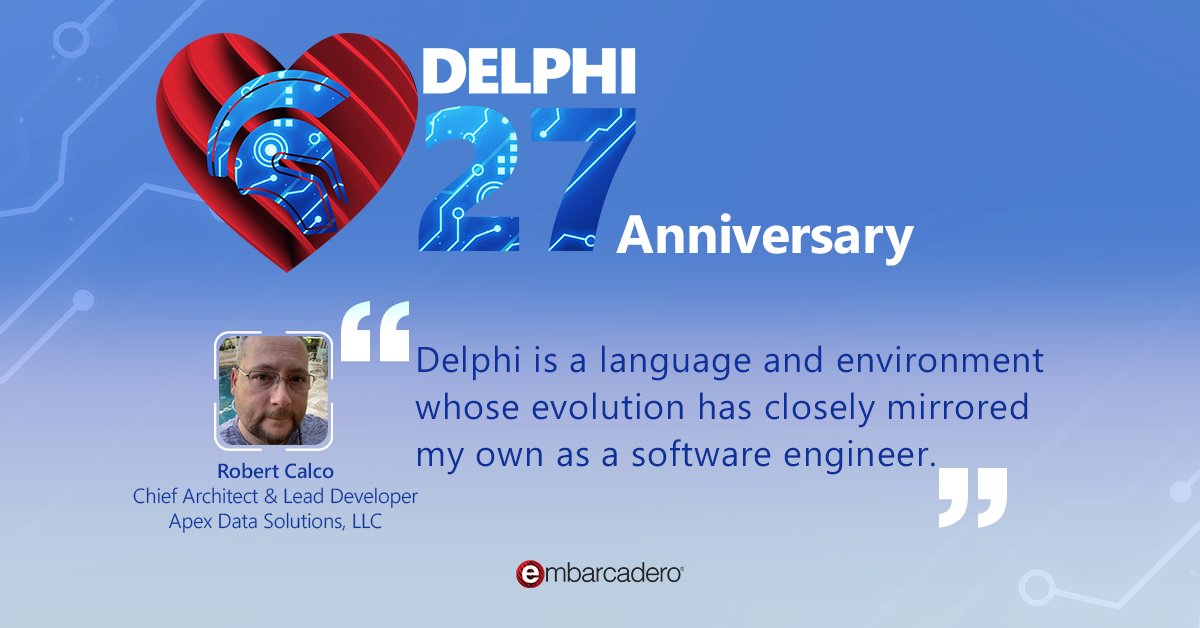 EmbarcaderoTech's tweet photo. "#Delphi is a language and environment whose evolution has closely mirrored my own as a software engineer." Robert Calco, Apex Data Solutions, LLC #Delphi27th
Learn more: https://t.co/a6pBtGPLHG https://t.co/0K7h6tsOUW