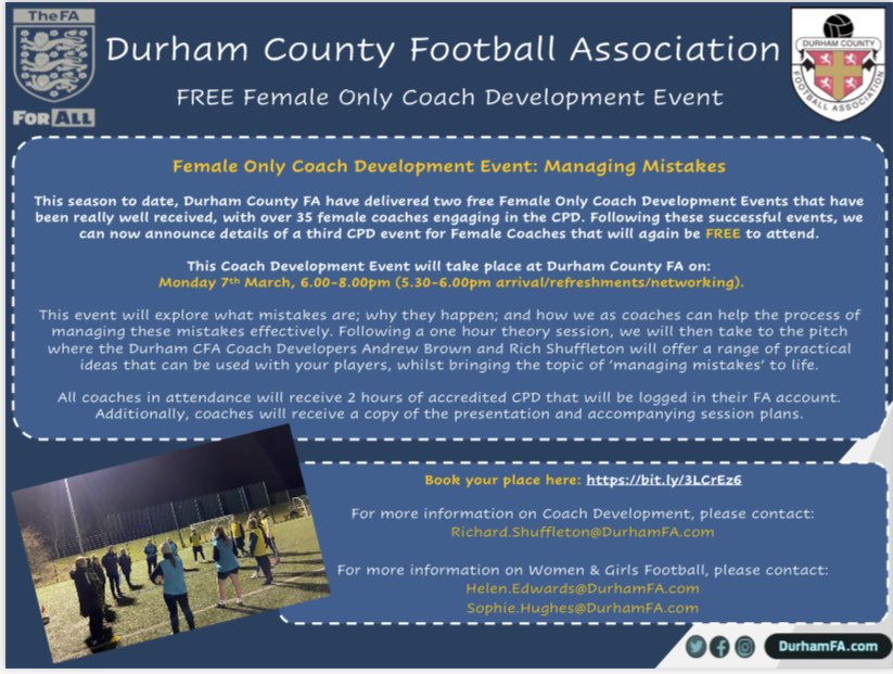 DCFA_CoachDev's tweet photo. 🚨Booking for our latest FREE Female Only Coach Development Event is now live!

���️ Managing Mistakes (+ practical ideas to use with your players)

🗓 Monday 7th March, 6.00-8.00pm.

📍@DurhamFA 

Book here: https://t.co/t1eJqNOFkw

⬇️⚽️⬇️⚽️⬇️⚽️⬇️⚽️⬇️⚽️⬇️⚽️⬇️ https://t.co/2u6QpMO18b