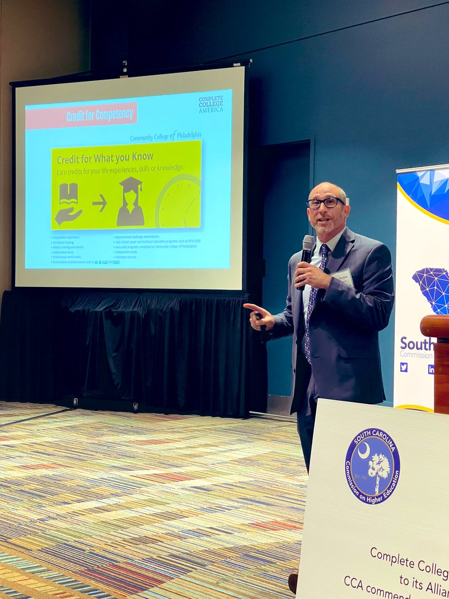 CompleteCollege's tweet photo. Dr. Brandon Protas (@ProtasCCA), Strategy Director at CCA, shares effective momentum strategies - like #dualenrollment - that help students earn credits faster & stay on track to graduate & complete a degree. #CompleteCollegeSC https://t.co/dUFMIoVyPb