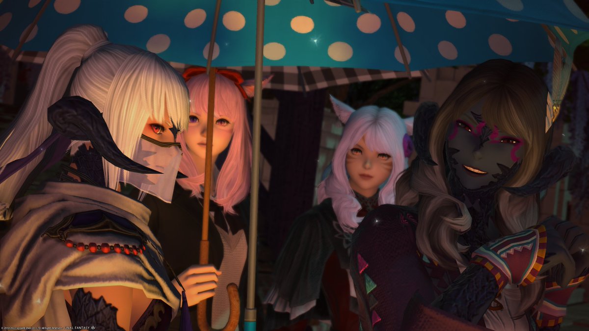 IyaYoake's tweet photo. Hey friends! It's been nothing but rain in Shirogane today ;-;. Luckily Iya has some umbrellas to keep dry and some friends to keep warm, from the inside 💟. Love you all ^-^. #FF14 #FFXIV #GPOSERS https://t.co/x2bOMPVO2o