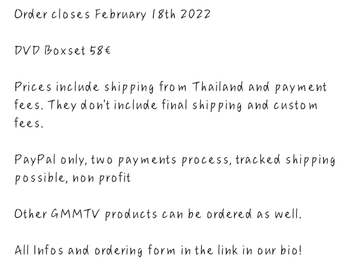 LilliMangos's tweet photo. EU/UK GROUP ORDER FOR Bad Buddy Series merch by GMMTV

https://t.co/en3ui3I7Do

Order closes February 18th 2022

58€ incl. shipping from Thailand and payment fees. Excludes final shipping and custom fees.

#BadBuddy #BadBuddyTheSeries #BadBuddyBoxSet #GMMTV https://t.co/AKbjR1nnRR
