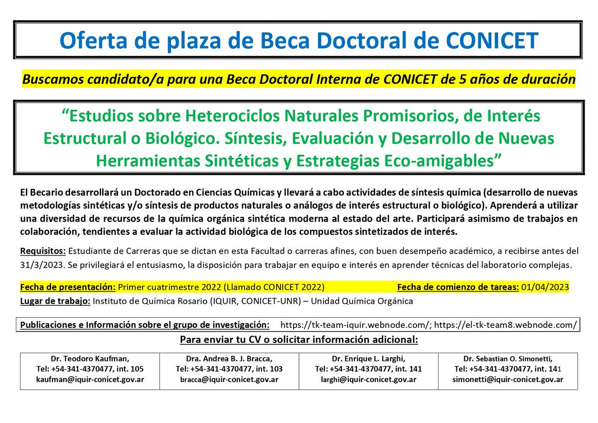 👩‍🔬🧑‍🔬Estamos buscando candidatos interesados en realizar Beca Doctoral del Conicet//Tesina//Pasantía en nuestro grupo de investigación. <a href="/IQUIR_CONICET/">IQUIR</a> <a href="/fbioyfunr/">FBIOyF UNR Facultad Cs Bioquímicas y Farmacéuticas</a> 
👇👇👇