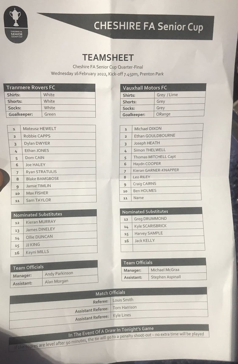TranmereRovers's tweet photo. 🗞 Here’s how both sides line up for this evening’s Cheshire Senior Cup Quarter final!

#TRFC #SWA https://t.co/tosKfvPg1b