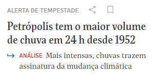 O aquecimento global não "causa" chuvas fortes, ele as torna mais frequentes e mais intensas. Precisamos entender essa relação pra admitir que estamos vivendo um contexto inédito, anunciado e para o qual ainda não nos preparamos. 
<a href="/folha/">Folha de S.Paulo</a> www1.folha.uol.com.br/ambiente/2022/…
