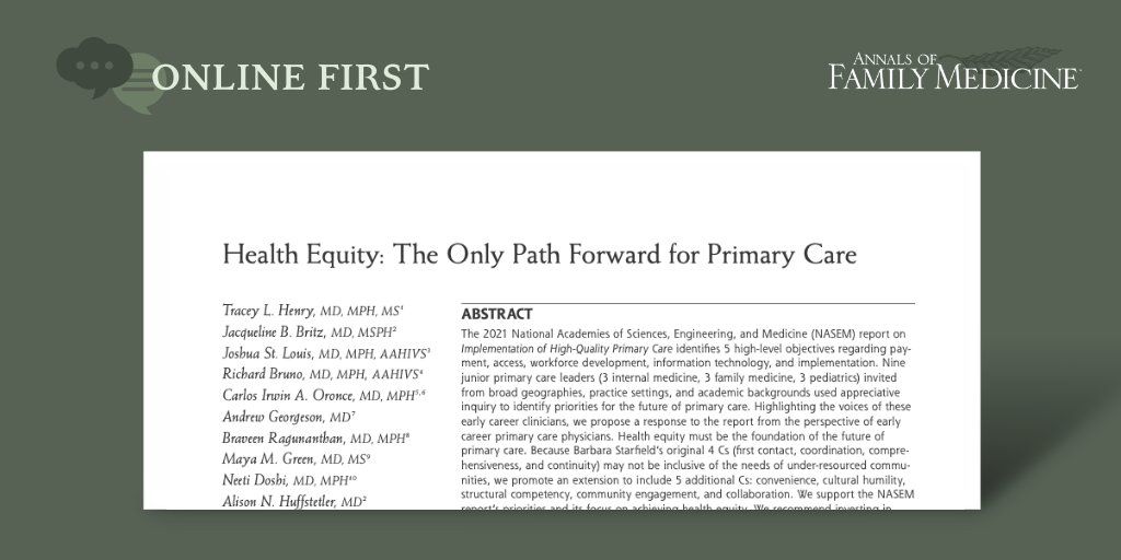 AnnFamMed's tweet photo. **Online first**
Early career #familydocs/researchers respond to @theNASEM's 2021 report on the Implementation of High-Quality #PrimaryCare, making the case that health equity should form the foundation of care as we look into the future.
https://t.co/C6pd8AwAy6 https://t.co/HUo91UZbk9