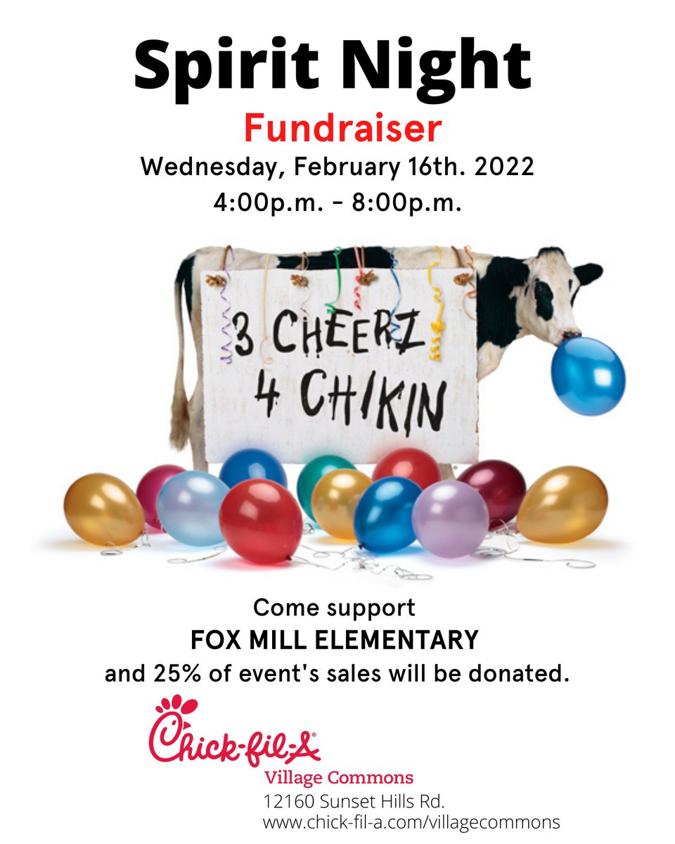 CFAReston's tweet photo. Join us this evening from 4-8 p.m. for our Spirit Night event tonight hosted by Fox Mills Elementary! You must mention Fox Mills Spirit Night when placing order. Add "FM Fundraiser" in special comments when mobile ordering. https://t.co/0kCpIPU0mq