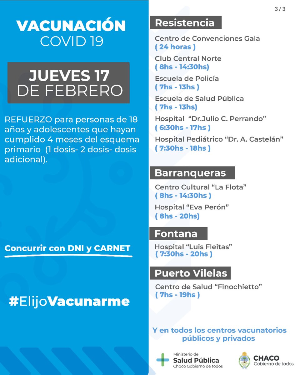 ChacoSalud's tweet photo. 💉 Postas de vacunación contra COVID-19 de este jueves en el Gran Resistencia.

#ElijoVacunarme https://t.co/spiSYnCtCk