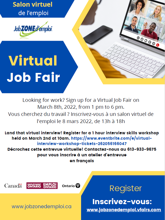 Don't forget to register for the Job Fair here:
vjf-east14.vfairs.com/en/login

Join us for a 1-hour virtual interview workshop on March 2nd at 10am. Please click on the following link to sign up:  eventbrite.com/.../virtual-in…...
Nos services sont disponible en français.