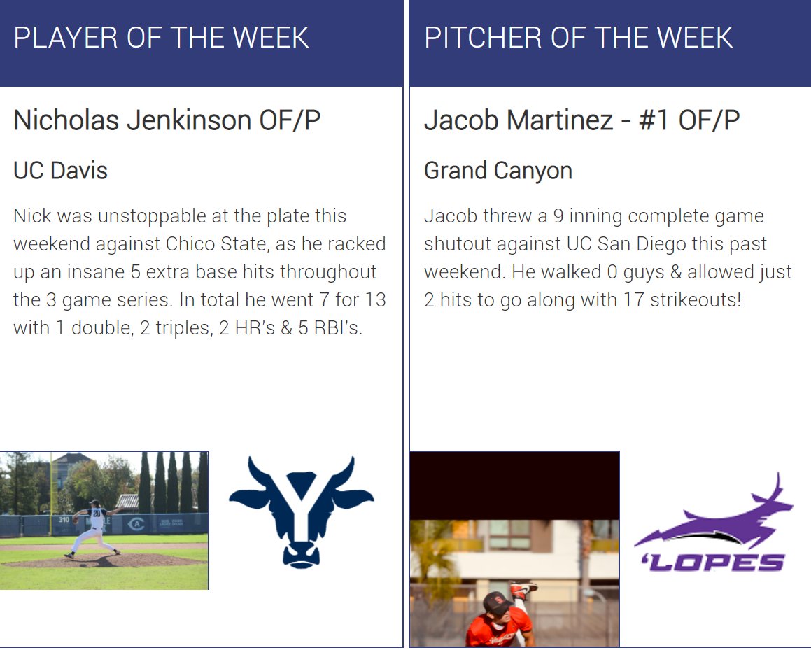 Congratulations to Nicholas Jenkinson (<a href="/UCD_Yolos/">Club Baseball at UC Davis</a>) &amp; Jacob Martinez (<a href="/GCUClubBaseball/">Grand Canyon University Club Baseball</a>) on earning Week 12 NCBA DI National Player &amp; Pitcher of the Week honors‼️

#RoadToSC    

clubbaseball.org