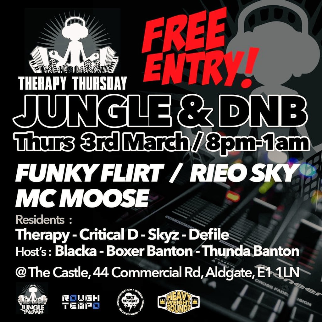 Next up for the Thursday crew 💯

We kick off March with <a href="/djfunkyflirt/">trevor lawrence</a> <a href="/mcmoose600/">mcmoose600</a> <a href="/ronmoosemcjungl/">@mcmoose600</a> and Rio skies  🔥

As always your Therapy residents 
FREE ENTRY ALL NIGHT!! 👊🏼💯

#therapythursday #jungle #dnb #oldskool #nuskool #freeparty #thecastle #london #e1